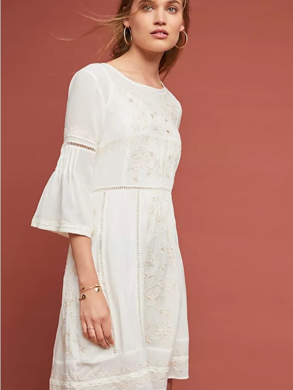 Anthropologie ivory Tunic Embroidered Peasant Mini Dress
